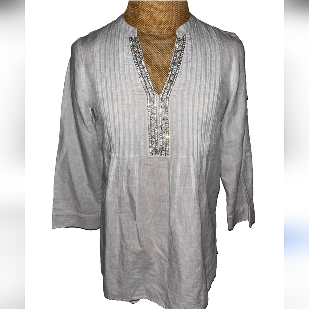Chicos Stone Gray Embelished Linen Top Chicos Sz 4 Or US 22